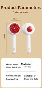 Detailed view of red and white pet bath brush with TPR bristles and liquid dispenser