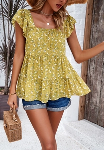 Detail of square neck floral top with ruffled hem and flutter sleeves for women