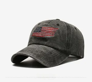 Detailed side view of washed dark gray cotton baseball cap with USA flag embroidery