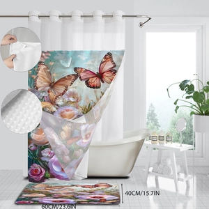Detailansicht wasserdichter Duschvorhang mit Blumenmuster und rutschfester Badezimmermatte