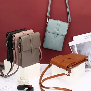 Minimalist genuine leather shoulder phone bags in multiple colors with gold hardware