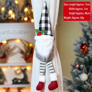 Detail of Christmas gnome curtain tieback with dimensions 48x15cm on white fabric