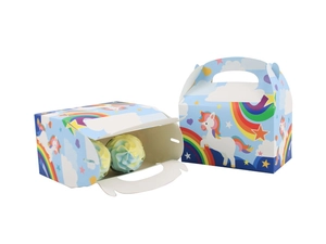 Detailed view of blue unicorn gift box showing handle and cupcake storage capacity