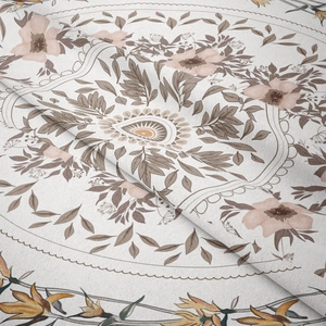 Macro detail of bohemian mandala tapestry fabric showing texture and floral patterns