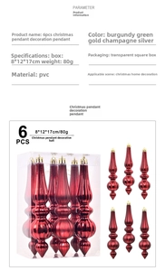 Detail view of burgundy glossy drop-shaped Christmas ornaments with packaging specifications
