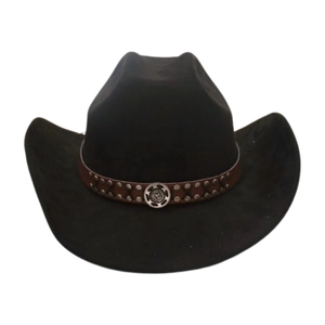 Detail of vintage western cowboy hat with brown leather band and silver gear emblem