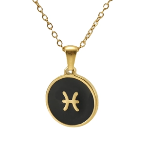 Collier en acier inoxydable plaqué or 18 carats avec pendentif rond signe Poissons