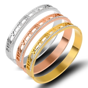 Bracciale Rigido In Acciaio Inossidabile Strass Numeri Romani Cavi Zirconia Laterale Moda Elegante Per Donna