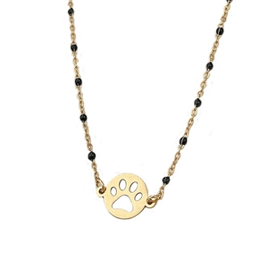 Bohemian beaded chain bracelet featuring a golden paw print charm and black bead accents