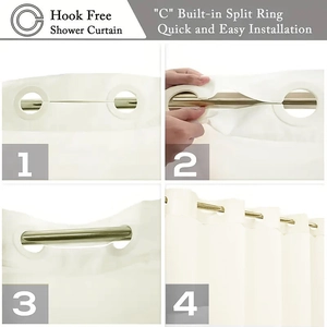 Detail showing the installation steps of a cream shower curtain with built-in rings