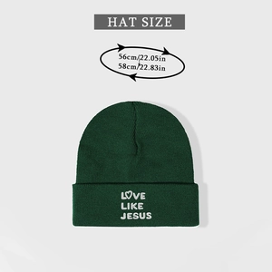 Detail view of dark green beanie with LOVE LIKE JESUS embroidery and size guide