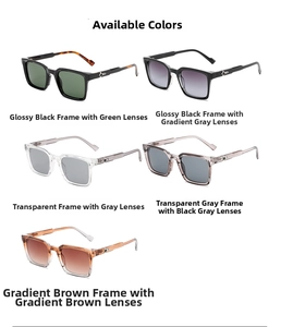 Collection of retro square sunglasses in five different colors on a clean white background