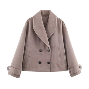 Short camel wool coat for women with a double-breasted design and classic notched lapels