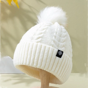 Winter Knit Beanie Hat With Faux Fur Pom Pom Fleece Lined Warm Snowflake Patch Casual Acrylic Cap For Men Women