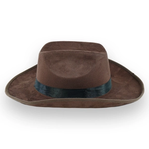 Detail shot of a dark coffee faux suede cowboy hat with a black satin decorative band