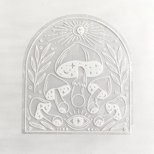 Detailed texture of PVC suncatcher film featuring mushroom, sun, and moon patterns