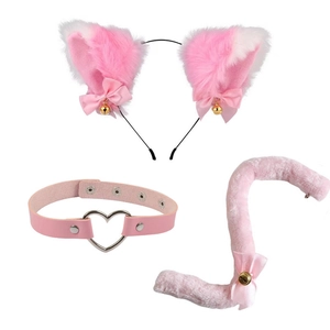 Detailed set of plush cat ears with bells, pink heart choker, and faux fur tail accessory