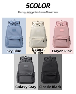 Detail view of durable school backpack showing five color options and front zipper pocket
