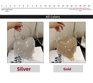 Detailed size view of luxury heart-shaped evening clutch bag with rhinestones and tassels