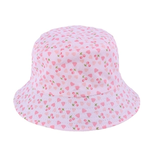 Detail of pink kid bucket hat featuring cute cherry and heart pattern on fabric