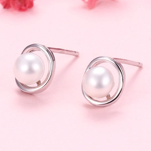 Elegant 925 silver hollow round earrings with white freshwater pearls for women