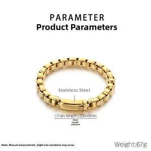 Détail du bracelet chaîne à mailles carrées en acier inoxydable doré avec dimensions