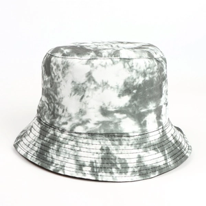 Detail of black and white tie-dye bucket hat with reinforced parallel brim stitching