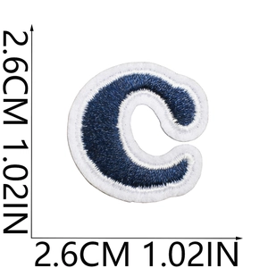 Mini navy blue embroidered letter C patch with white border and 2.6cm size indicator