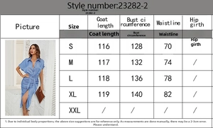 Detailed size chart for denim lapel short sleeve dress with measurements and fit guide
