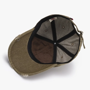 Deep olive green washed cotton baseball cap with distressed brim and metal buckle