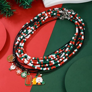 Detail of Christmas beaded necklaces featuring Santa, reindeer, and snowman pendants