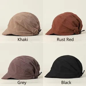 Pleated cotton newsboy hats in khaki, rust red, grey, and black for a relaxed fit style