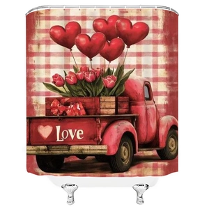 Detail of waterproof bath curtain featuring red vintage truck and heart balloon pattern