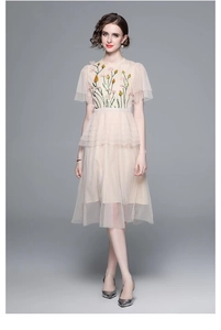 Detail of embroidered floral patterns and mesh layering on the luxury tulle dress