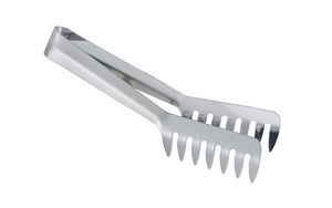 Close-up of silver stainless steel pasta tongs with comb-style head for salad serving