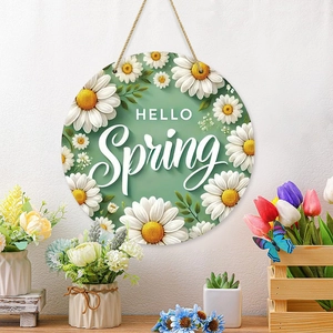 Rustic wood Spring Welcome sign with white daisies and Hello Spring text for wall decor
