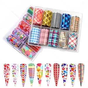 Detail of 10-roll nail foil transfer set with colorful geometric and heart patterns