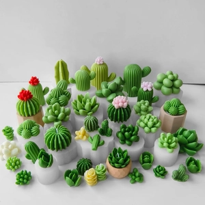 Detailed view of various cactus and succulent silicone molds with green wax finished products