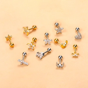 Star and moon stainless steel cartilage earrings with micro-inlaid cubic zirconia