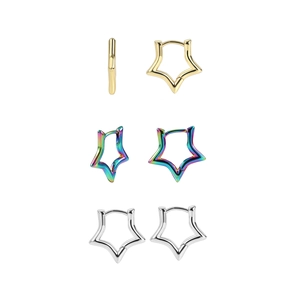 Polished star-shaped hoop earrings in gold, silver, and rainbow finishes on white background