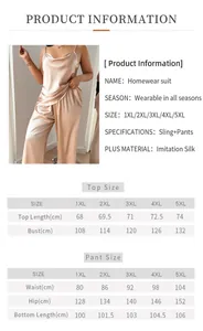 Detailed size chart for women's plus size satin pajama set with top and pants measurements
