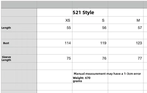 Size chart for knit spliced stand collar jacket detailing length and bust measurements