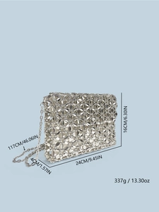 Detailed dimension guide for silver beaded square bag with exact size and weight specs