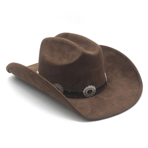 Detail of dark brown suede cowboy hat featuring vintage silver buckles and a black decorative band