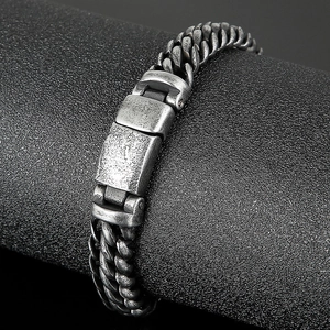 Vintage oxidized stainless steel mesh chain bracelet with a large square buckle for men