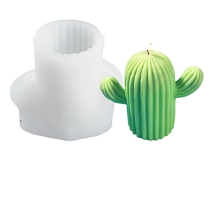Moule en silicone pour bougie cactus et bougie finie en cire verte avec détails