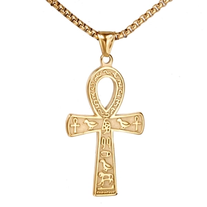 Golden Ankh cross necklace with Egyptian hieroglyphs on polished metal pendant
