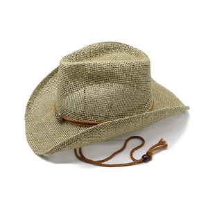 Handwoven straw cowboy hat with brown braided band and adjustable wind strap on white background