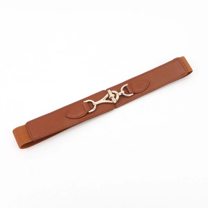 Detail of a brown elastic belt with golden horsebit buckle and fine stitching on leather