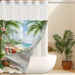 Detailed tropical beach print on waterproof waffle shower curtain with silver metal grommets